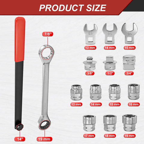 Universal Serpentine Belt Ratcheting Tool Set 15 Piece Pro Grade Belt Tensioner Kit with wrench and sockets displayed