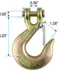 Three Eighths Inch Clevis Slip Hook With Latch Grade 70 Forged Steel 18,000 Lbs Capacity showing dimensions and safety latch