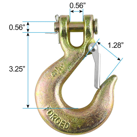 Three Eighths Inch Clevis Slip Hook With Latch Grade 70 Forged Steel 18,000 Lbs Capacity showing dimensions and safety latch