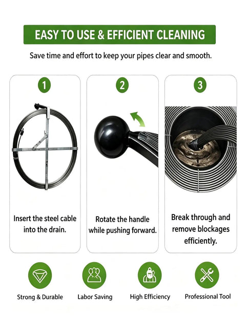 Hardcore Manganese Steel Drain Auger Tape For Yanking Out Gnarly Pipe Clogs Tough As Nails Highly Resistant To Bending Professional Plumbing Essential Tool instructions with steel cable and handle.