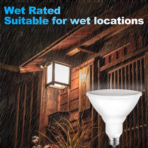 PAR38 LED Flood Outdoor Light Bulb, 5000K Daylight, 11W To 90W Equivalent, Wet Rated, 900 Lumens, E26 Base, 6 Pack in rain