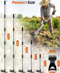 Gardener using 70 Inch Heavy Duty 2 In 1 Weeder And Garden Hoe With Long Handle For Lawn Yard Patio And Garden Root Uprooter And Flat Edge Scraper With 6 Tine Deep Weed Puller Rake For Effortless Weeding in field.