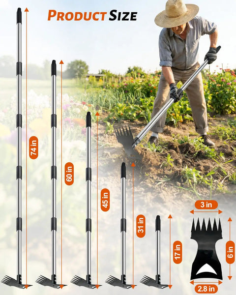 Gardener using 70 Inch Heavy Duty 2 In 1 Weeder And Garden Hoe With Long Handle For Lawn Yard Patio And Garden Root Uprooter And Flat Edge Scraper With 6 Tine Deep Weed Puller Rake For Effortless Weeding in field.