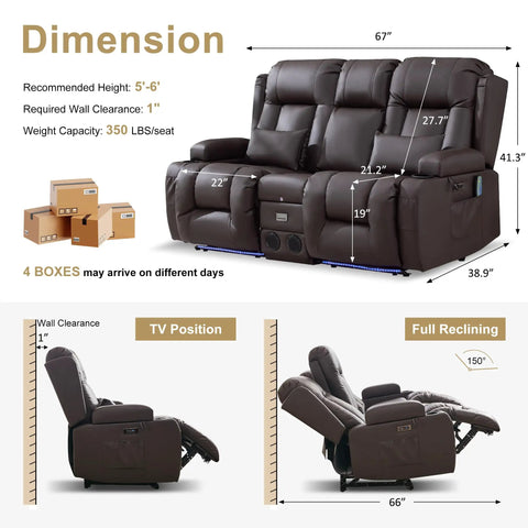 Power Loveseat Recliner With One Touch Control For Backrest And Footrest Massage And Heat Wall Hugger Console Sofa Dimensions