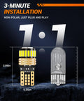 Comparison showing size of 194 LED Bulbs Kit 6000K White 360 Degree Beam T10 Wedge vs traditional bulb, with installation details.