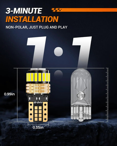 Comparison showing size of 194 LED Bulbs Kit 6000K White 360 Degree Beam T10 Wedge vs traditional bulb, with installation details.