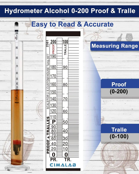 Hydrometer Alcohol Meter Kit 0 to 200 Proof and 0 to 100 Tralle With Test Jar Alcohol Proof Tester for spirits