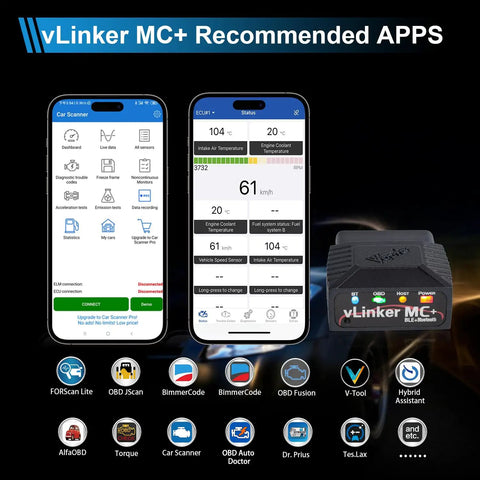 vLinker MC Plus OBDII Bluetooth Adapter with smartphone app interface and supported apps list for iOS Android Windows