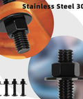 Premium 1/4-20 X 1 Inch Carriage Bolt Kit Crafted From Rust Resistant 304 Stainless Steel, showing black hex nut and washers.
