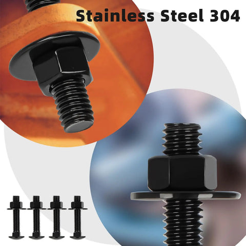 Premium 1/4-20 X 1 Inch Carriage Bolt Kit Crafted From Rust Resistant 304 Stainless Steel, showing black hex nut and washers.