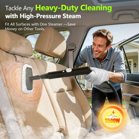 High Performance 2500W Handheld Steam Cleaner With Auto Stop And 15 Piece Accessory Kit cleaning car upholstery with high-pressure steam.
