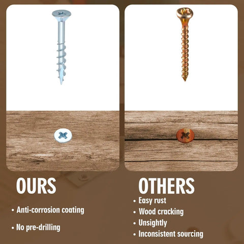Tough As Nails Flat Head Zinc Coated Steel Screws For Particle Board And Cabinet Hinges No Sweat Furniture Assembly With Included Driver Bit side by side comparison with rust and wood cracking issues.