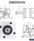Technical drawing of Nema23 Stepper Motor Planetary Gearbox 5 To 1 Speed Reducer For 8mm Shaft 60x60 Flange 57mm Mount with dimensions.