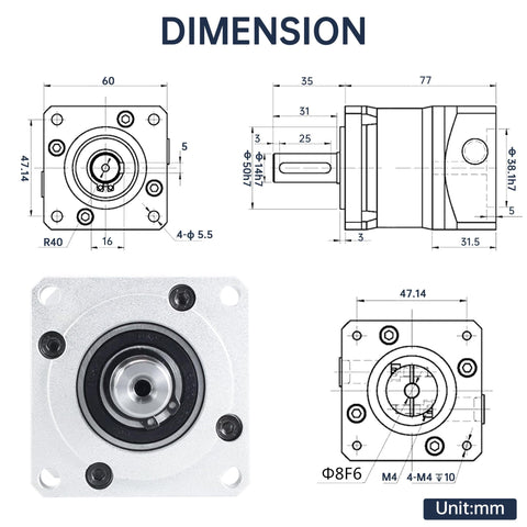 Technical drawing of Nema23 Stepper Motor Planetary Gearbox 5 To 1 Speed Reducer For 8mm Shaft 60x60 Flange 57mm Mount with dimensions.