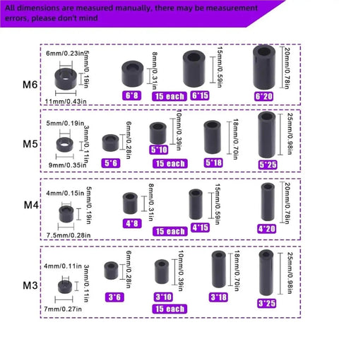 540Pcs Nylon Spacer Kit In 18 Sizes Black And White Round Spacers Standoff Nuts For M3 M4 M5 M6 Screws Prototyping And DIY Jewelry Making Perfect For Neat Gaps Layered Bead Layout And Quick Pro Builds, M3-M6 nylon spacers size chart