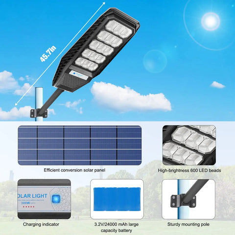 Two Pack 300W Solar Street Light Set With Motion Sensor Dusk To Dawn 15000LM All Night Ultra Bright 6500K White Remote IP65