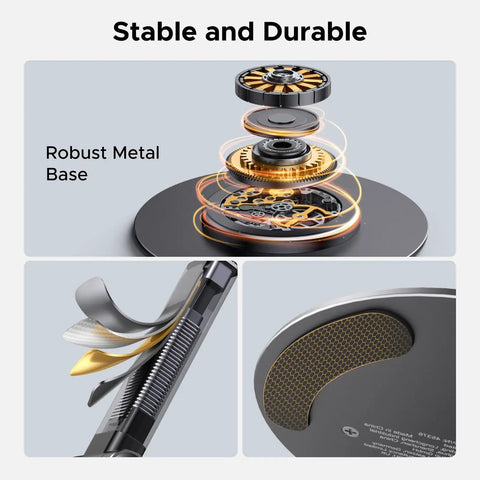 Exploded view of Magnetic MagSafe Phone Stand For Desk with robust metal base and components, showing stability and durability details.