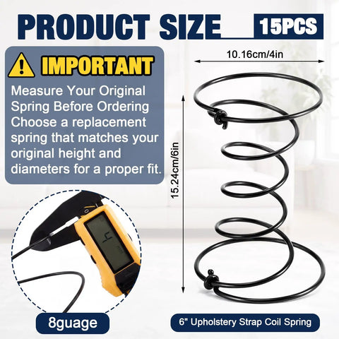 15 Piece 6 Inch Upholstery Coil Springs Set Knotted Ends showing size and measurements for sofa chair couch repair high elastic steel.
