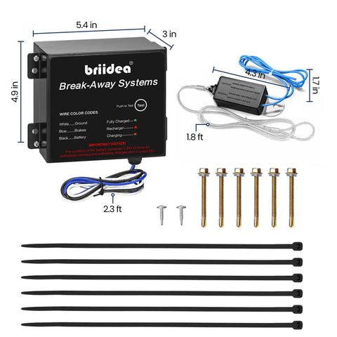Built Tough Rock Solid Breakaway Brake Kit For RV And Travel Trailer Towing includes wiring, screws, and a controller.