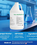 Seventy Percent Isopropyl Alcohol Rubbing Alcohol For Cleanup And Solvent Use In Home Lab And Industrial Settings High Purity Heavy Duty Multipurpose Cleaner And Degreaser 4 Gallon USP Grade bottle on lab counter