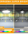 Comparison of UFO LED High Bay Light 300W 43500 Lm 5000K Up And Down Lighting vs. standard lighting in parking garage.