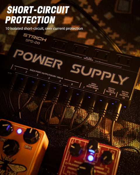 Ten Independent DC Outputs Guitar Pedal Power Supply with cables connected on a pedalboard.