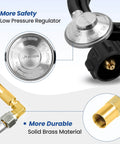 Close-up of 5 Ft Propane Hose And Regulator For Blackstone Griddles And Gas Grills, Three Eighths Inch Flare Fittings, 90 Degree Elbow.