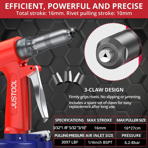 Heavy Duty Pneumatic Rivet Gun With 3097 LBF Pulling Power Air Riveter Kit With Four Nosepieces for efficient riveting