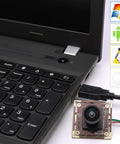 Ultra HD 16MP Wide Angle USB Camera For Computer And 3D Printer, IMX298 Sensor, plugged into a laptop with OS logos displayed