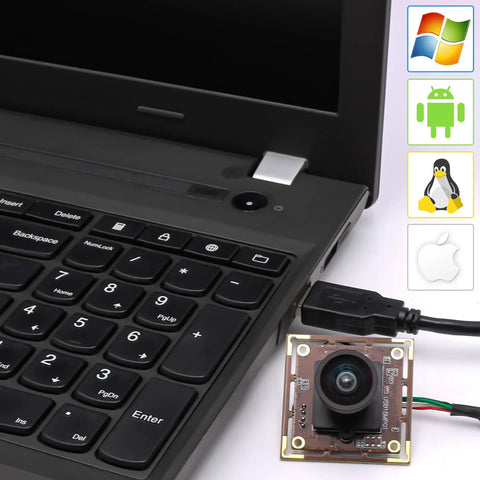 Ultra HD 16MP Wide Angle USB Camera For Computer And 3D Printer, IMX298 Sensor, plugged into a laptop with OS logos displayed