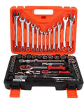 Must Have 61 Piece Socket Set With Ratchet Wrench Sleeve Heavy Duty Steel Auto Repair Tool Kit in open orange and black case