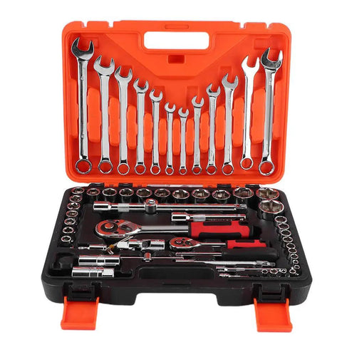 Must Have 61 Piece Socket Set With Ratchet Wrench Sleeve Heavy Duty Steel Auto Repair Tool Kit in open orange and black case
