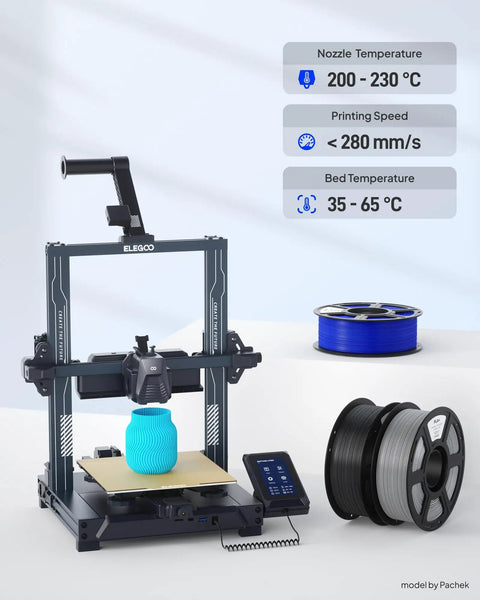 3D printer with display and two spools of filament, showcasing PLA Plus Filament 1.75mm Black 4Kg Beefy Rock Solid Toughness.