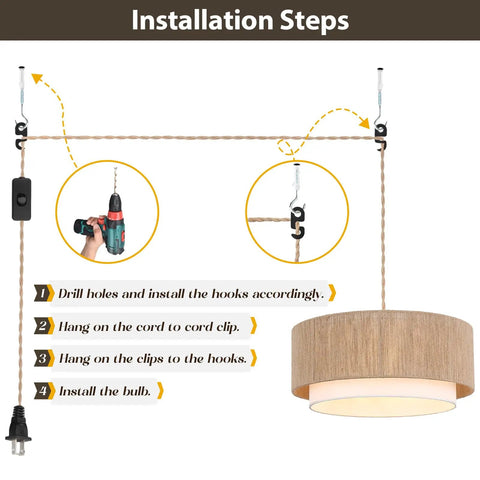 Installation steps for Plug In Pendant Light 18 Inch Rattan Chandelier With Handwoven Hemp Rope And White Fabric Shade.