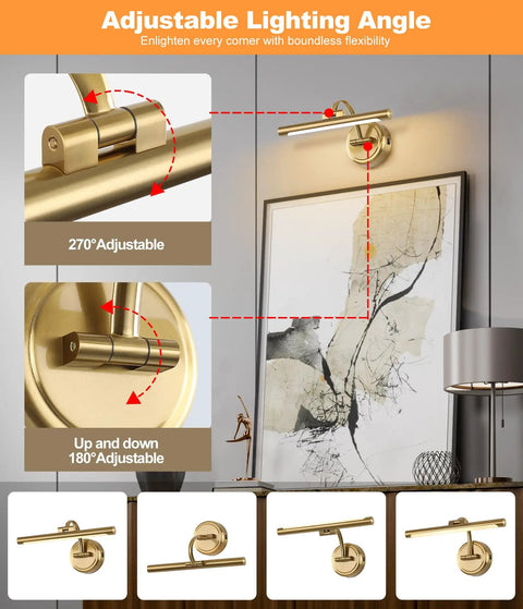Cordless Picture Light For Wall Mount, Dimmable Art Lighting For Paintings With Remote, adjustable brass finish