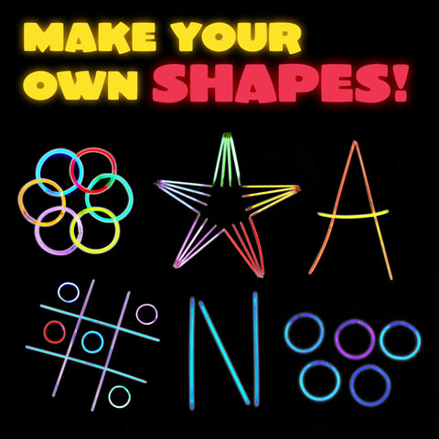 Different shapes made with 8 inch neon glow sticks from 100 Piece Bulk Glow Stick Party Stack, like stars and circles.