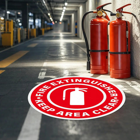 Fire Extinguisher Keep Area Clear sign on floor near extinguishers in a garage: Five Pack Fire Extinguisher Keep Area Clear Sign 17 By 17 Inches