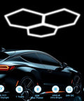 Hexagon Garage Lights 16 Pack Plug And Play LED Panels, 24W 6500K Ultra Bright Low Voltage 24V displayed above a car
