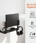 Adjustable Under Desk Laptop Holder With Integrated Cord Organizer Rack Quick Grip Edge Clamp displays laptop and headset storage.