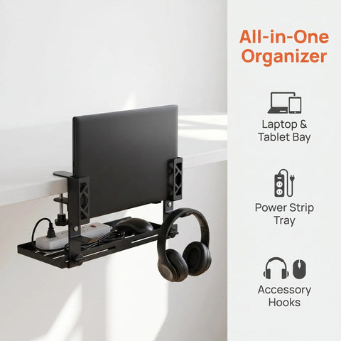 Adjustable Under Desk Laptop Holder With Integrated Cord Organizer Rack Quick Grip Edge Clamp displays laptop and headset storage.