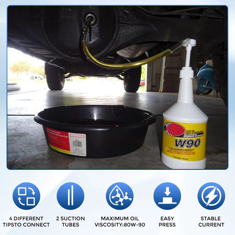 Gearhead Heavy Duty Transmission Fluid Pump for quart bottles transferring oil under vehicle with black pan and W90 bottle