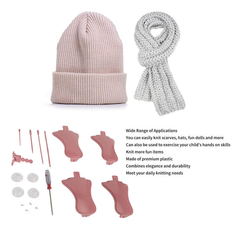 Deluxe Knitting Machine Accessory Set with Round Loom Attachments, hat, scarf, and knitting tools for hands-free crafting.