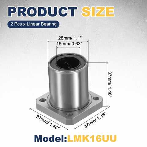 2 Pack LMK16UU 16mm Bore Linear Ball Bearings Square Flange Bushing with measurement details for CNC and 3D printer use.