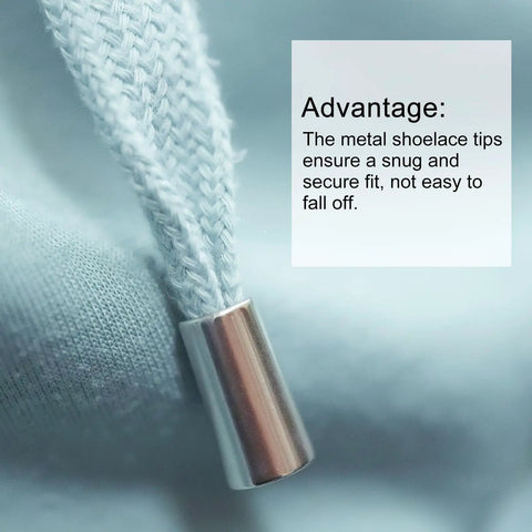 Close-up of Heavy Duty Metal Shoelace Aglets 40 Pack Silver Copper Lace Tips for sneaker repair, showing a snug fit on shoelace.