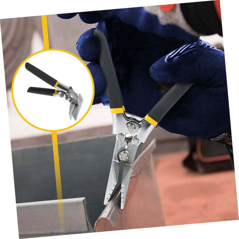 Manual Hand Seamer Tool For Metal Bending And Seaming, flat bar bender in use on metal surface, ergonomic double handle close-up