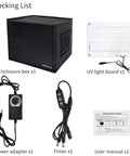 Packing list of UV Resin Curing Box With Adjustable Brightness 48W 395nm UV LED Curing Light showing enclosure, UV light, adapter, timer, manual