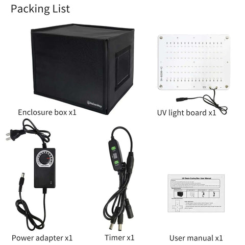 Packing list of UV Resin Curing Box With Adjustable Brightness 48W 395nm UV LED Curing Light showing enclosure, UV light, adapter, timer, manual