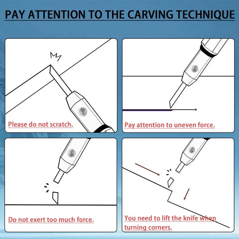 Instructional image showing carving techniques with Premium Tungsten Steel Model Scriber Blades for precise engraving.