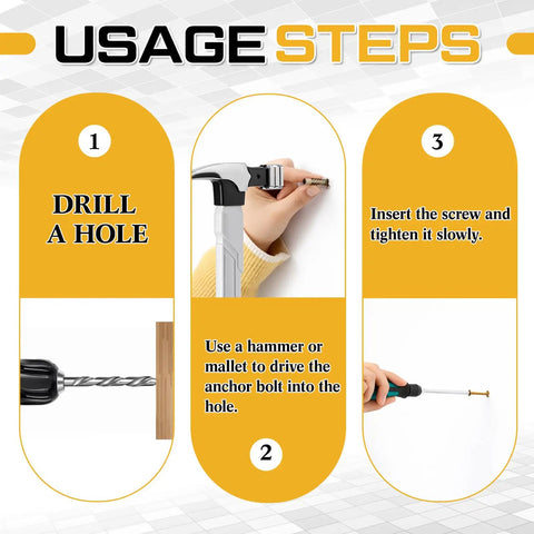 Heavy Duty Wall Anchors Kit With Screws, 200 Pack, 6 X 32 Mm, For Hinge Hole Repair In Concrete, Hollow, And Wood Walls, A drill and insert steps guide