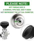 Front view of a 304 stainless steel 3-way tee needle valve with black knurled knob and 1/8 in NPT female ports